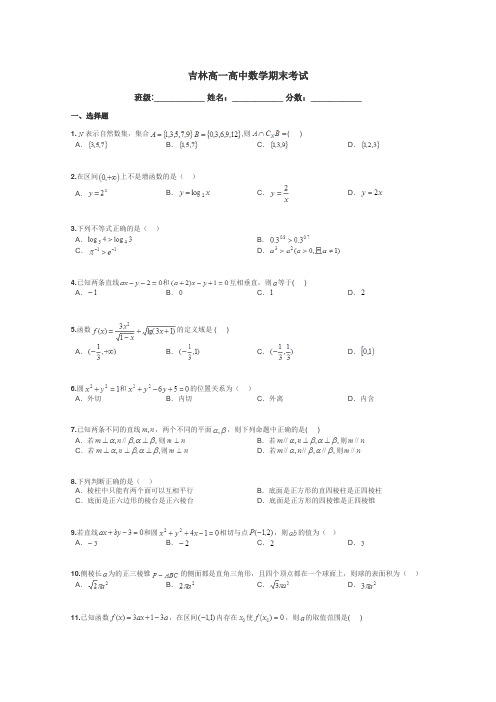 吉林高一高中数学期末考试带答案解析
