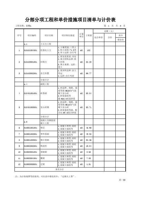 分部分项工程和单价措施项目清单与计价表