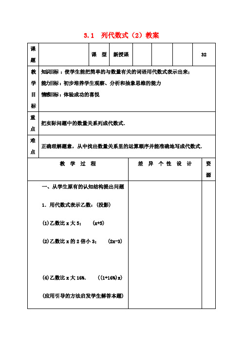 七年级数学上册 3.1 列代数式教案(2) 华东师大版