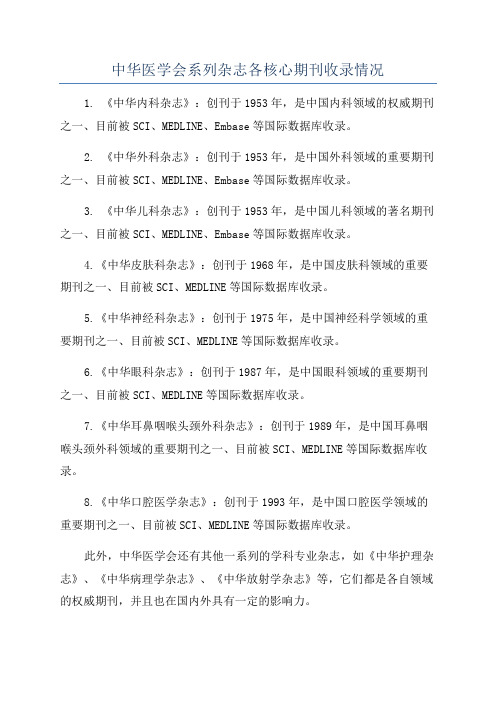 中华医学会系列杂志各核心期刊收录情况