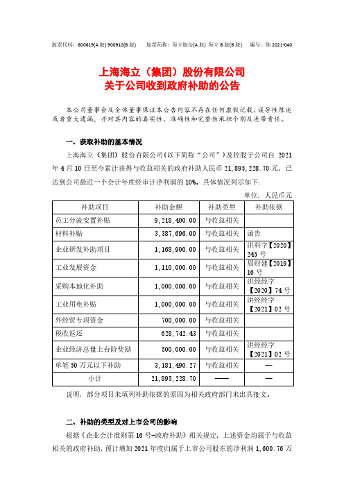 600619海立股份关于公司收到政府补助的公告