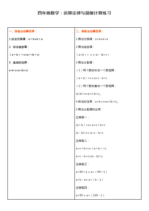 四年级数学上下册运算定律与简便计算练习100题