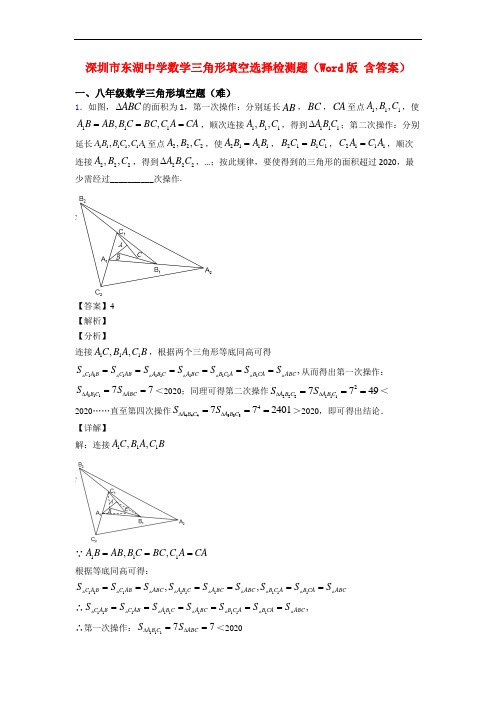 深圳市东湖中学数学三角形填空选择检测题(Word版 含答案)