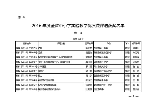 2016年度全省中小学实验教学优质课评选获奖名单