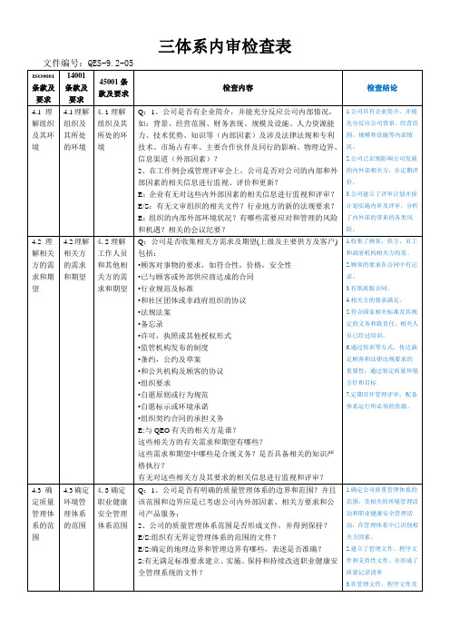 QES三体系内审检查表 含审核记录