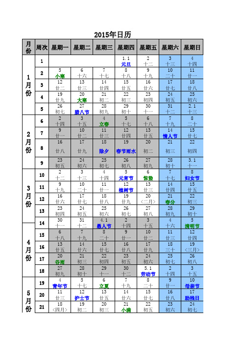 2015年日历、周历、农历、节气、周计划、月计划表