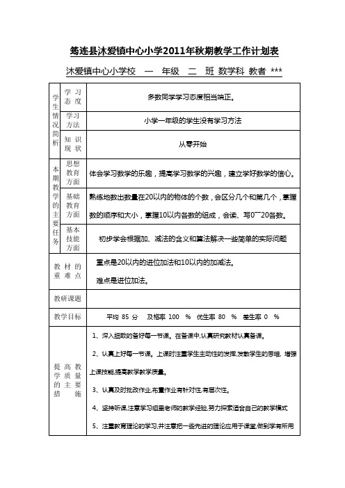 小学一年级数学教学工作计划表