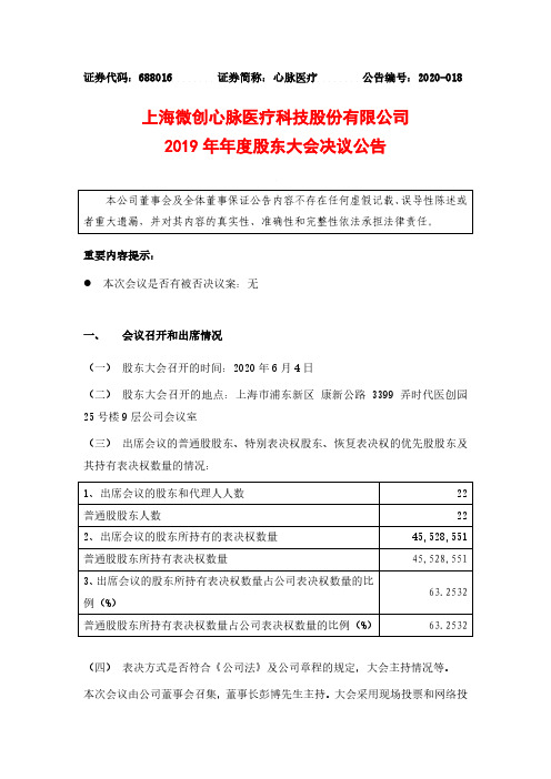 心脉医疗：2019年年度股东大会决议公告