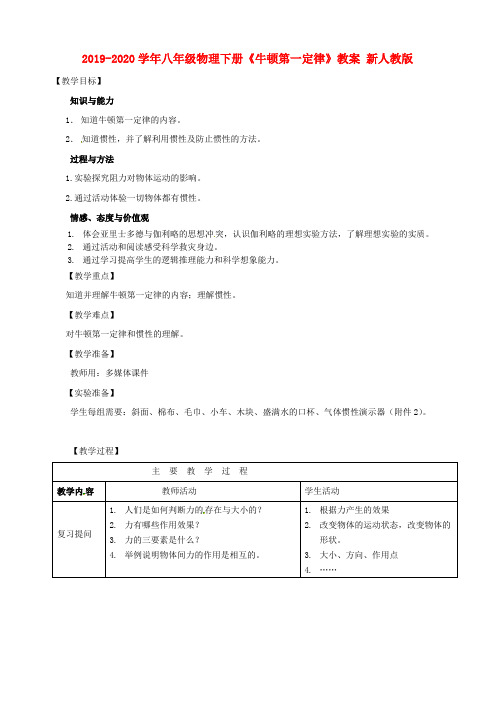 2019-2020学年八年级物理下册《牛顿第一定律》教案 新人教版.doc