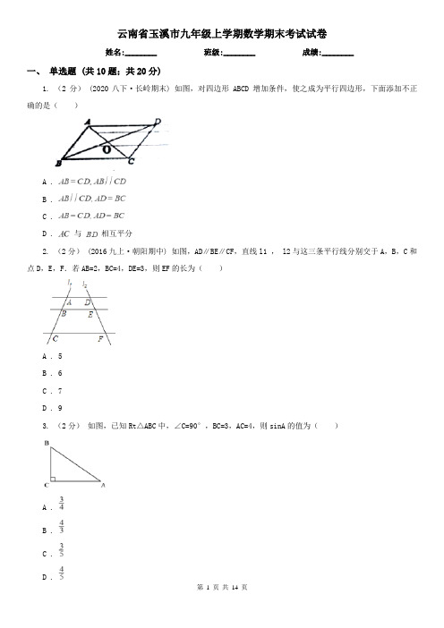 云南省玉溪市九年级上学期数学期末考试试卷