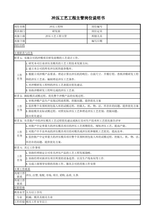 冲压工程师(冲压工艺工程师)岗位说明书