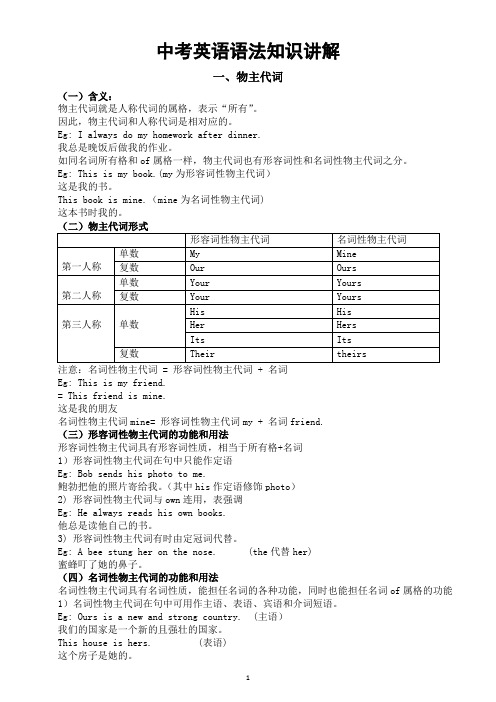 初中英语2024届中考语法知识讲解系列(物主代词+反身代词)