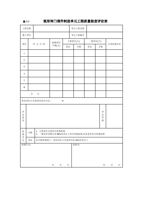 金3-1弧形闸门埋件制造单元工程质量检查评定表