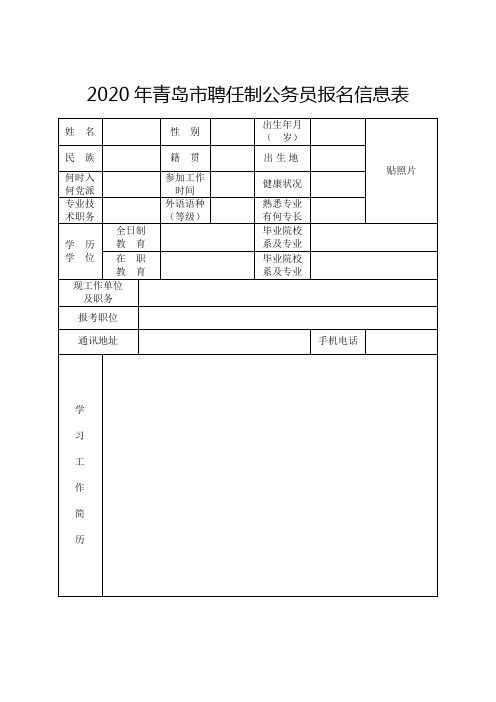 2020年青岛市聘任制公务员报名信息表