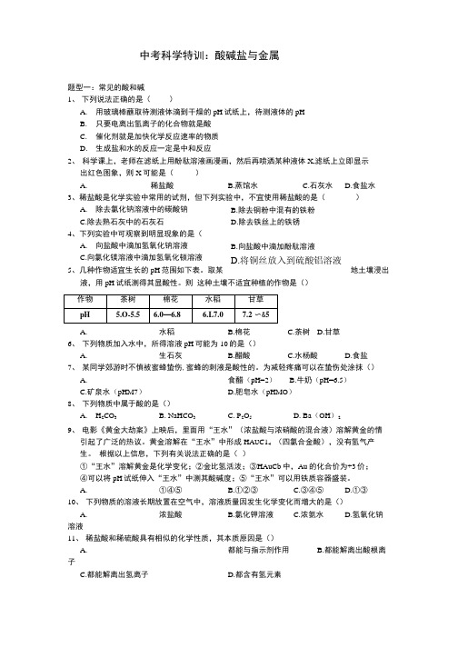 中考科学二轮特训：酸碱盐与金属(精品).doc