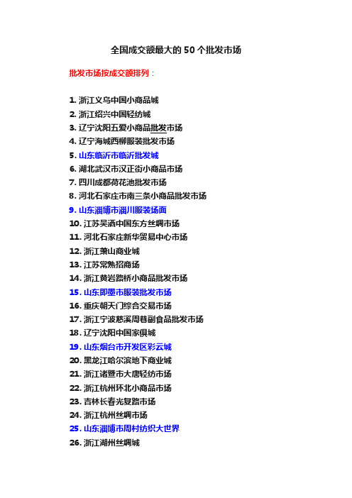 全国成交额最大的50个批发市场