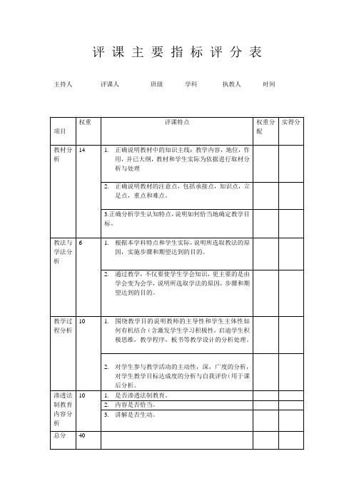 评 课 主 要 指 标 评 分 表