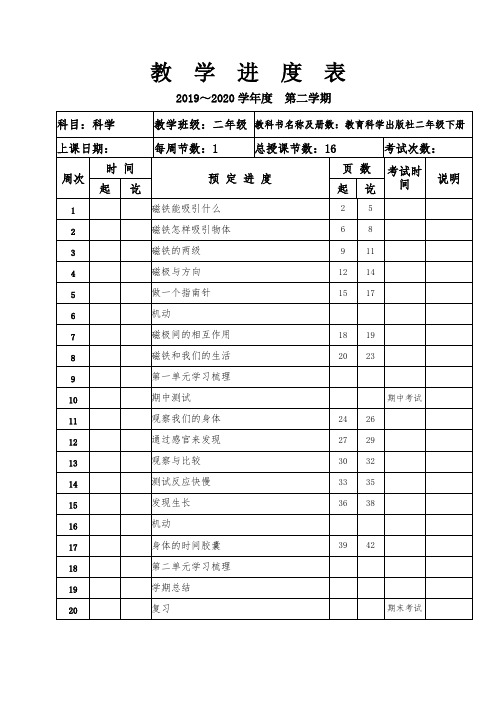 二年级下册 科学 教学进度计划