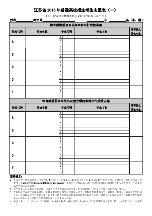 江苏2016年普通高校招生考生志愿表