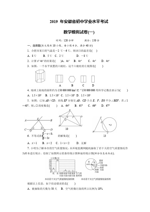 2019 年安徽省初中学业水平考试(一)