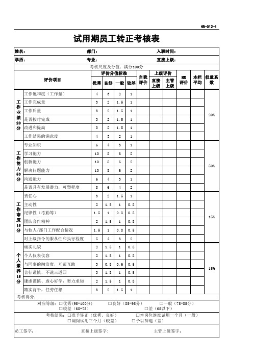 试用期员工转正考核表