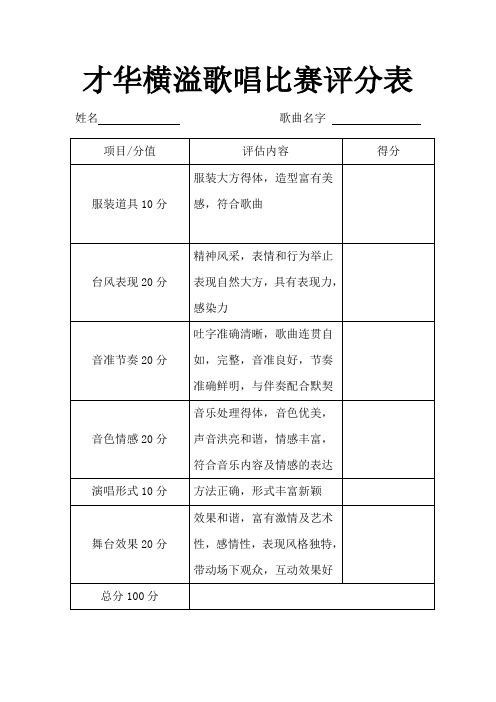 才华横溢歌唱比赛评分表格