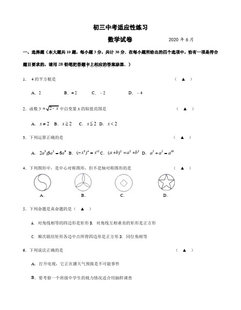 苏科版2020年初三数学中考6月适应性练习数学试题(含答案)