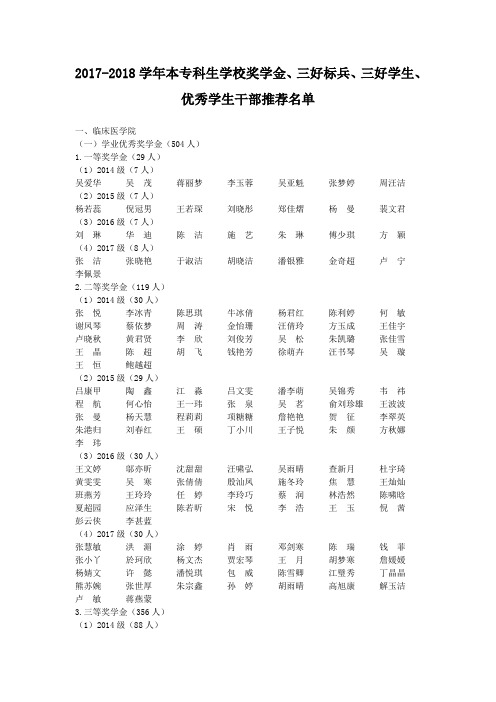 20172018学年本专科生学校奖学金三好标兵三好学生