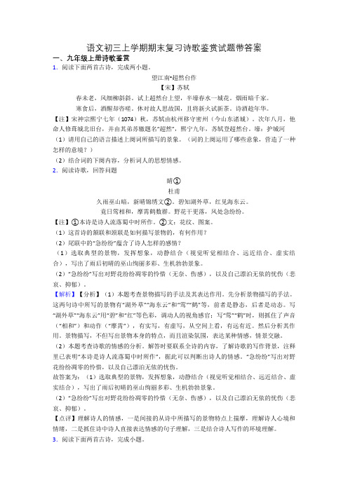 语文初三上学期期末复习诗歌鉴赏试题带答案