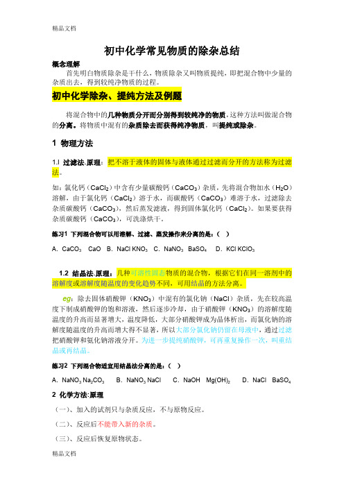 最新初中化学常见物质的除杂总结