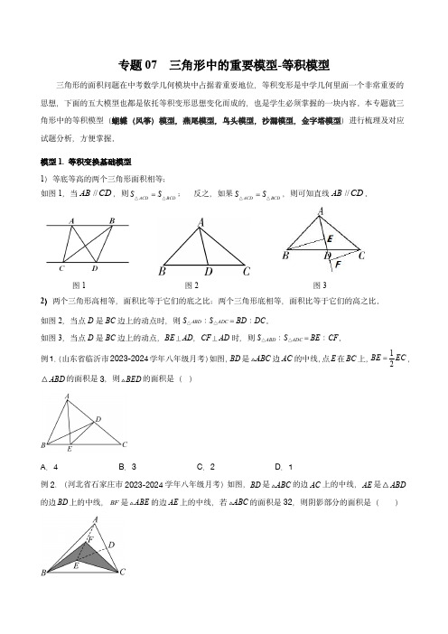 2024年中考数学常见几何模型(全国通用)：三角形中的重要模型等积模型(原卷版)