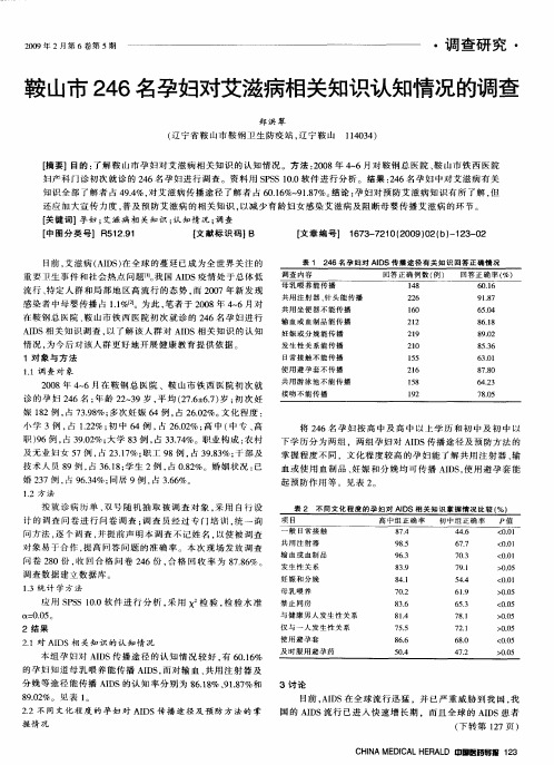 鞍山市246名孕妇对艾滋病相关知识认知情况的调查