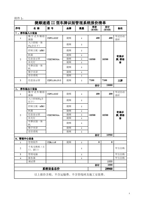 捷顺速通II型车牌识别管理系统报价清单