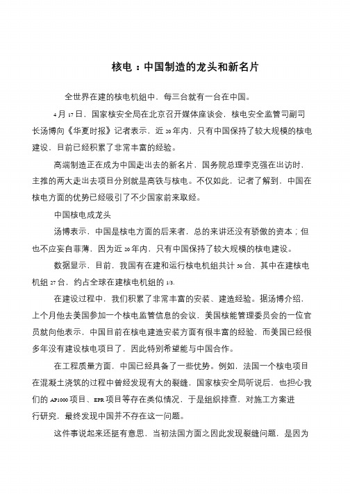 核电:中国制造的龙头和新名片