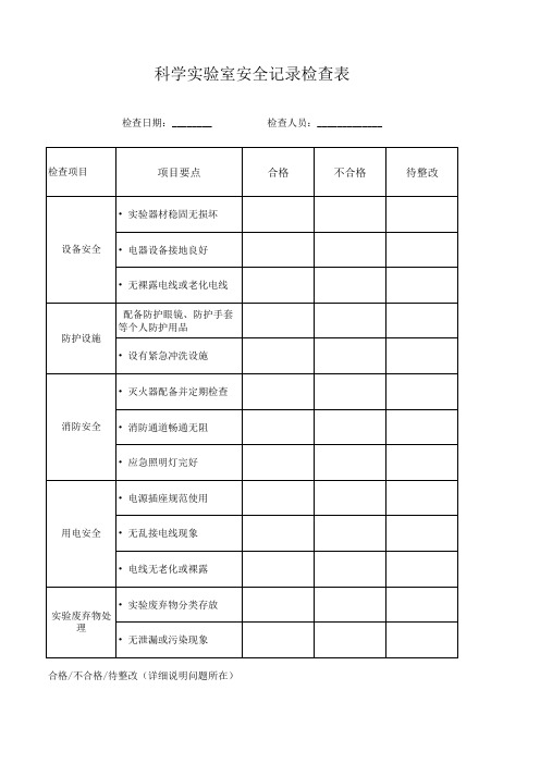 科学实验室安全记录检查表