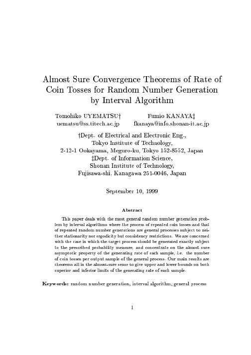 Almost Sure Convergence Theorems of Rate of Coin Tosses for Random Number Generation by Int