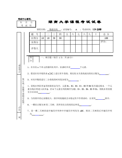 湖南大学数据结构试卷