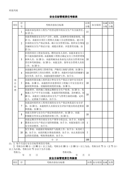 安全目标管理责任考核表格模板