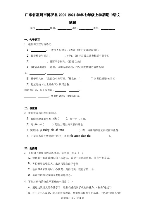 广东省惠州市博罗县2020-2021学年七年级上学期期中语文试题