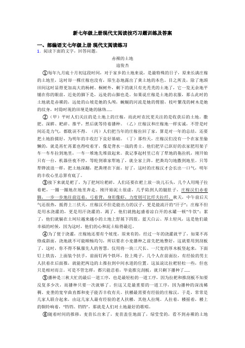 新七年级上册现代文阅读技巧习题训练及答案