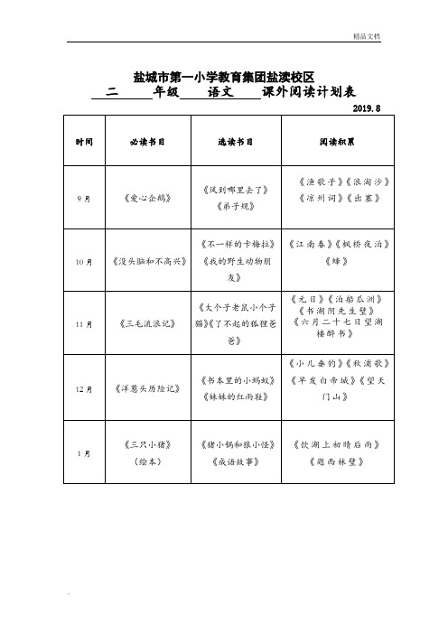 二年级上册课外阅读计划表