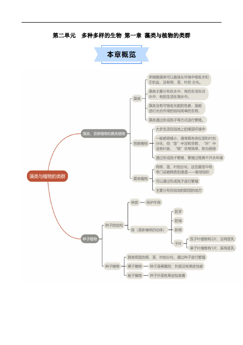 人教版初中生物七年级上册第二单元 第一章 藻类与植物的类群【速记清单】(解析版)