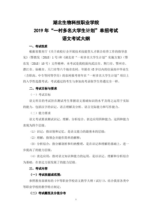 2019年“一村多名大学生计划”项目语文考试大纲