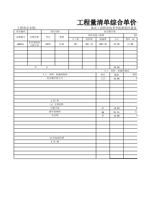 土建清单(综合单价分析表)实训实例