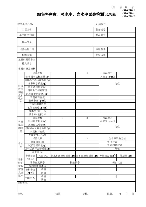 细集料密度、吸水率、含水率试验检测记录表(2024版行标2)