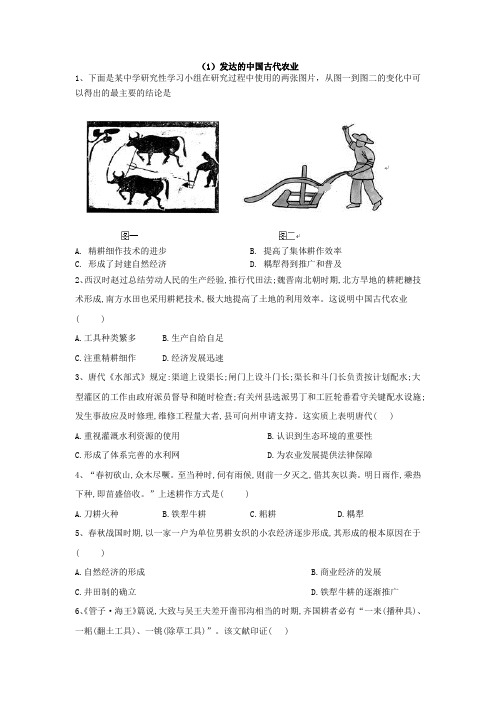2018-2019学年高一历史暑假作业:(1)发达的中国古代农业
