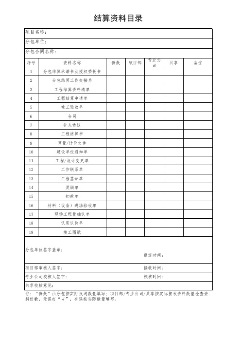 项目结算资料目录-非总包工程类