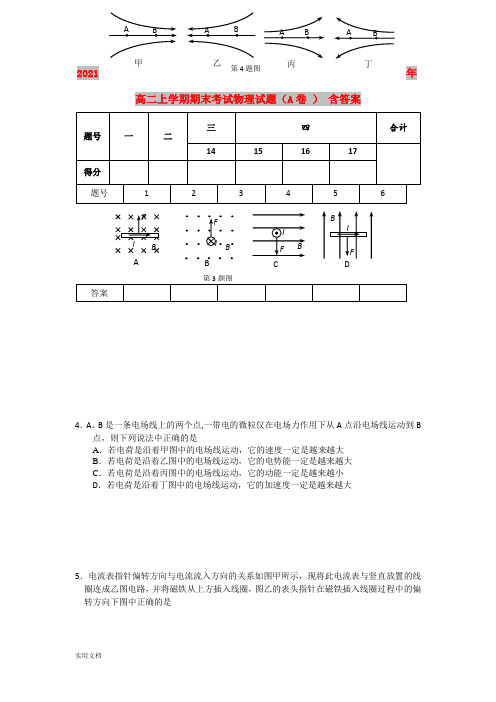 2021-2022年高二上学期期末考试物理试题(A卷 ) 含答案