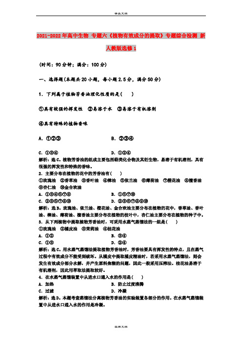 2021-2022年高中生物 专题六《植物有效成分的提取》专题综合检测 新人教版选修1