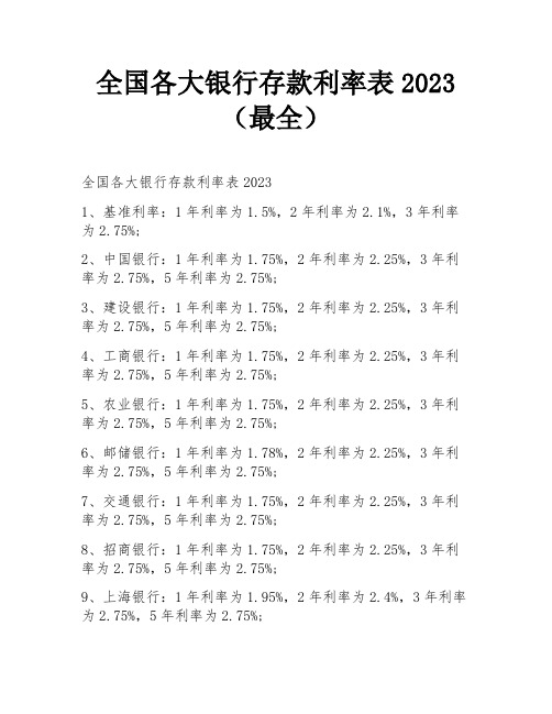 全国各大银行存款利率表2023(最全)